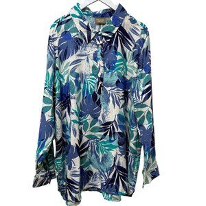 Denim & Co. Naturals Linen Blend Shirt Womens 2X Blue Tropical Print Top
